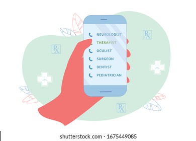 Convenient List Phone Numbers Different Doctors. User Clinic App Holds Phone In Hand And Selects Therapist To Call Him. List Includes Neurologist, Surgeon, Optometrist, Dentist And Pediatrician.