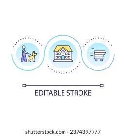 Convenient neighborhood factors loop concept icon. Buy home. House purchase. Schools and walkability abstract idea thin line illustration. Isolated outline drawing. Editable stroke. Arial font used
