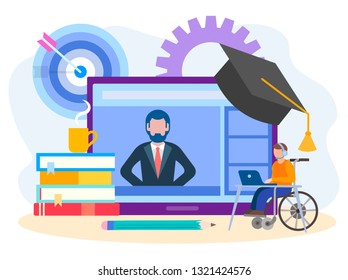 Convenient online training for people with disabilities, the concept of education on the Internet. Vector illustration for posters, social media, banners.