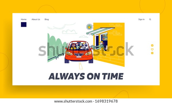 Convenient Payment from Car, Drive Thru\
Landing Page Template. Characters Pay Service with Credit Card Pos\
Terminal. Customer Purchase Goods without Leaving Auto. Linear\
People Vector\
Illustration