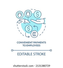 Convenient payments to employees turquoise concept icon. Crypto benefit in usage abstract idea thin line illustration. Isolated outline drawing. Editable stroke. Arial, Myriad Pro-Bold fonts used