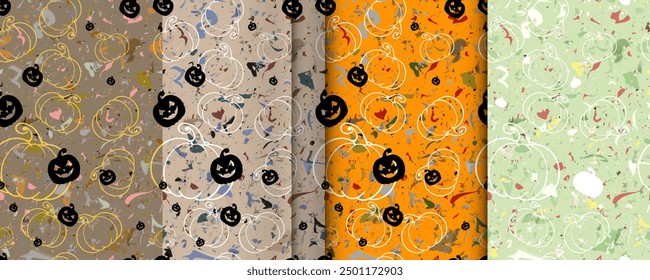 Convenient simple repeating Halloween seamless vector pattern of carved jack-o-lantern pumpkin faces with Bats and textured base