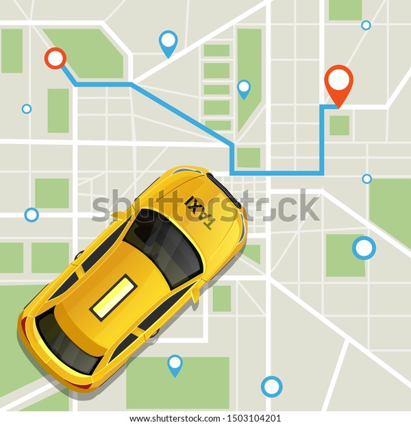 Convenient taxi service online application vector\
illustration. Top view of modern city map with geolocation pins and\
yellow taxicab driving on paved by special app blue route flat\
style concept