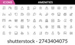 Convenient vector web line icons depicting amenities, facilities, services, pools, gyms, parking, and modern lifestyle conveniences.