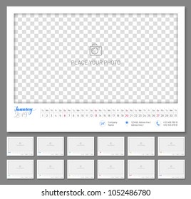 Convenient wall calendar 2019 year, monthly, flat. Suitable planner with big copyspace and little parts on every month. Vector illustration