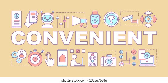 Convenient word concepts banner. Advantages of online technologies. Devices, gadgets. Presentation, website. Isolated lettering typography idea with linear icons. Vector outline illustration