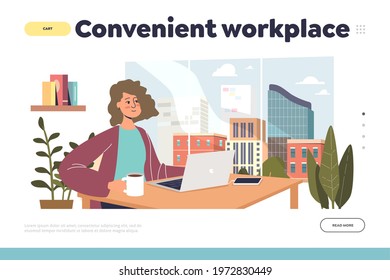 Convenient workplace concept of landing page with freelancer girl work from home. Cartoon female developer, student or businesswoman at laptop computer in home office. Flat vector illustration