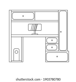 convenient workplace. the desk with laptops, computers and other accessories is isolated on a white background. Vector illustration in the linear style.