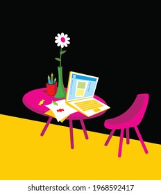 Convenient workplace for remote work. Computer, flower, candy, cup with pencils. Vector image for illustrations.