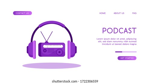Conveniently listen to the radio using headphones anywhere. Vector stylish illustration with on-ear headphones and a radio with antennas between the ear pads on a white background.