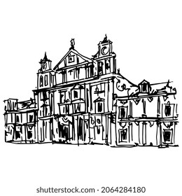 Convent of La Merced in Córdoba, Spain. Palacio de la Merced. Provincial Government of Córdoba. Historical architectural façade. Hand drawn doodle rough sketch. Black and white silhouette.