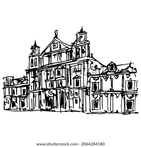 Convent of La Merced in Córdoba, Spain. Palacio de la Merced. Provincial Government of Córdoba. Historical architectural façade. Hand drawn doodle rough sketch. Black and white silhouette.