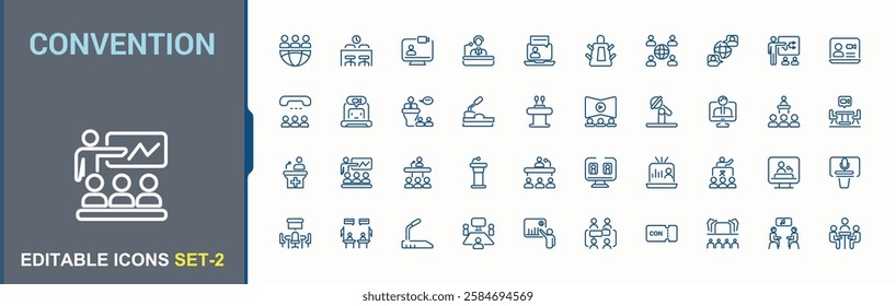 Convention icon pack. Contains related to forum, teamwork, lecture, training, workshop, discussion, office, meeting and more. Minimalist thin linear style icons. Editable stroke.