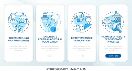 Conventional involvement issues blue onboarding mobile app screen. Walkthrough 4 steps editable graphic instructions with linear concepts. UI, UX, GUI template. Myriad Pro-Bold, Regular fonts used