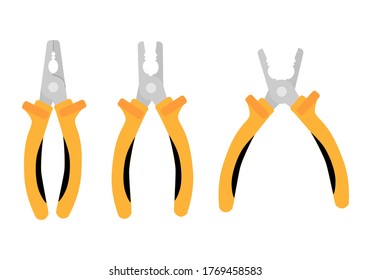 Conventional pliers tool icon. Closed, half open and fully open one. Yellow colored handle, thick metallic tip or sponge pliers. Flat illustration
