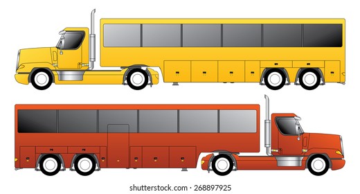 Conventional truck pulling custom bus shaped trailer 