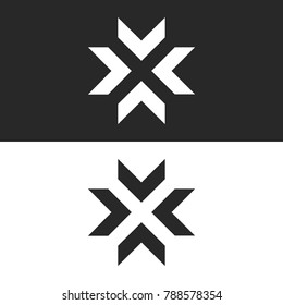 Converge arrows logo mockup, letter X shape black and white graphic concept, intersection 4 directions in center crossroad creative resize icon
