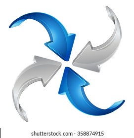 Converge And Contribute  - Business Concepts - Four Curved Silver And Blue Arrows Converging.