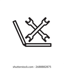 IT convergence icon showing laptop and tools symbolizing digital transformation, technology integration, data management, smart systems, and advanced information technology infrastructure solutions.