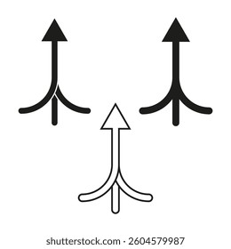 Converging arrow shape. Upward pointer symbol. Unified path direction. Vector merging icon.