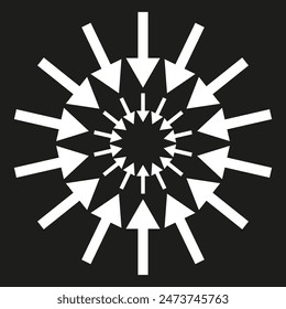 Converging arrows pattern. White arrows on black. Radial symmetry vector. Dynamic design element.