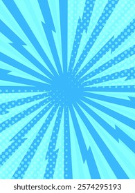 Converging lines and dots create a dynamic backdrop in vibrant light blue, ideal for comic strips or superhero themed designs, radiating energy and excitement