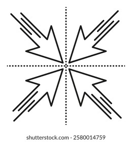 Converging pointer arrows. Center target shape. Vector cross focus. Minimal aiming symbol.