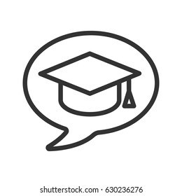Conversation about studying linear icon. Let's talk about education. Thin line illustration. Chat box with student's graduation cap contour symbol. Vector isolated outline drawing