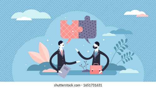 Conversation and arranging agreement concept, flat tiny person vector illustration. Stylized puzzle speech bubbles. Business discussion and consultation about work contract conditions. Good teamwork.