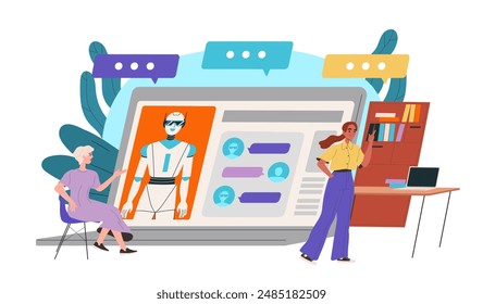 Conversation with artificial intelligence. Women communicate with cyborg on Internet. Virtual assistant in social networks. Machine learning and AI, modern technology. Flat vector illustration
