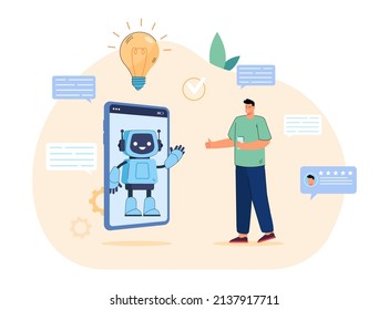 Conversation between chat bot on screen of phone and customer. Tiny man talking with cute robot in online messenger flat vector illustration. Chatbot, AI, virtual support in social media concept