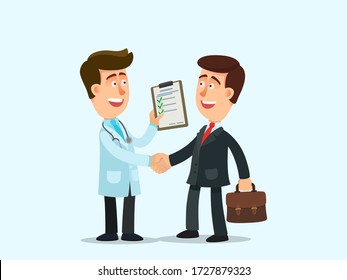 Conversation Between Doctor And Healthy Patient. Happy Patient Shake Hands With The Doctor And Thanks Him. Good Treatments  Results. Vector Illustration, Flat Cartoon Style, Isolated Background.