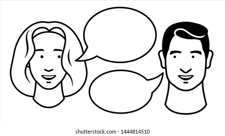 A conversation between a guy and a girl. Speech bubbles. Black and white illustration. Template for banner, layout or poster.