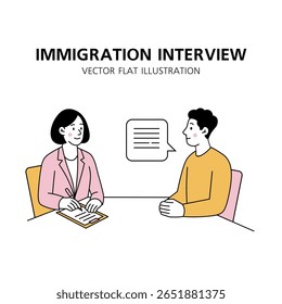Conversa entre um oficial de imigração e um imigrante em uma mesa. Pedidos de visto. Ilustração de vetor plano.