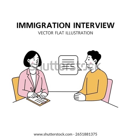Conversation between an immigration officer and an immigrant at a table. Visa applications. Flat vector illustration.