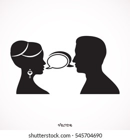 Conversation between man and woman. Date, quarrel or business meeting. Chat flat vector icons isolated on white. Black silhouette