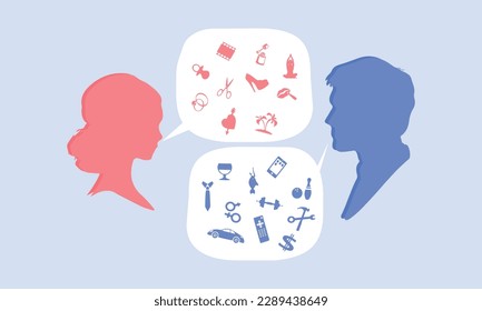 a conversation between a man and a woman, gender interests. Flat Vector Drawing