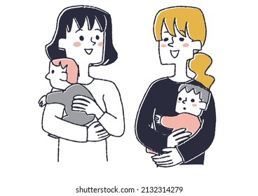  Conversation between mom friends, comical handwritten person vector, simple coloring of line drawing