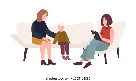 Conversation between mother, child and female psychologist or psychotherapist. Family psychotherapy, psychotherapeutic aid for children with mental problems. Flat cartoon vector illustration.