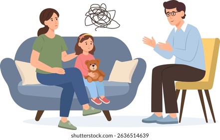 Conversation between mother, child and psychologist or psychotherapist. Family psychotherapy. Psychologist and professional support concept. Vector illustration