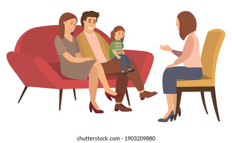 Conversation between parents, child and female psychologist or psychotherapist. Family psychotherapy, psychotherapeutic aid for children with mental problems. Flat cartoon vector illustration
