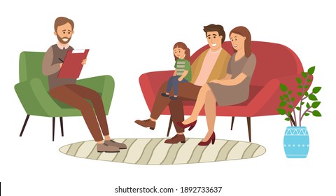 Conversation between parents, child and a man psychologist or psychotherapist. Family psychotherapy, psychotherapeutic aid for children with mental problems. The family is being tested by the doctor