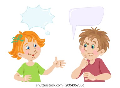 Conversation between a puzzled boy and a cheerful girl. Cartoon style picture with dialog boxes. Place for your text. Isolated on white background. Vector flat illustration.