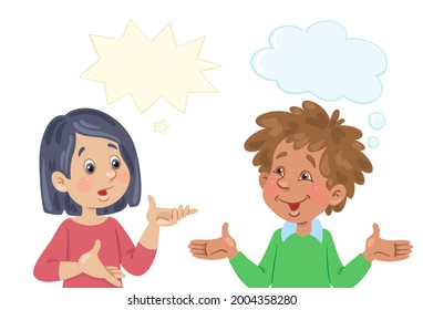 Conversation between a puzzled girl and a funny boy. Picture with dialog boxes. Place for text. In cartoon style. Isolated on white background. Vector flat illustration.