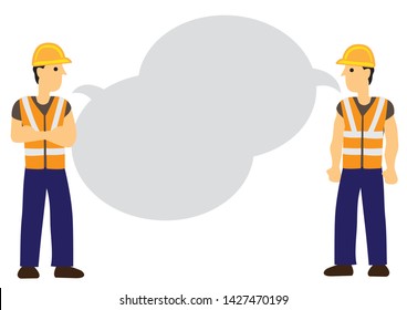 Conversation between two construction workers with empty speech bubble. Flat vector isolated illustration.