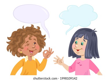 A conversation between two cute little girls. Picture with dialog boxes. In cartoon style. Isolated on white background. Vector flat illustration.