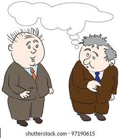 Conversation between two men in suits. Vector illustration. Cartoon.