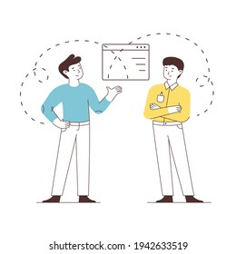 Conversation between two office people. Business presentation. Project discussions or brainstorming session