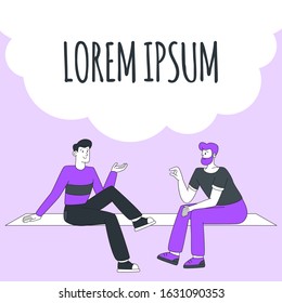 Conversation between two people banner design template. Young man and adult explaining, discussing, searching solution illustration with speech bubble. People lineart characters and space for text