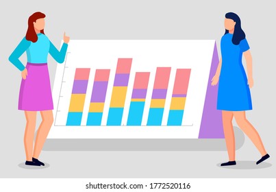 Conversation between two people, managers about work. Two women look at data diagram, schema on big board. Colleagues talk and look on analytics. Vector illustration of meeting in flat style